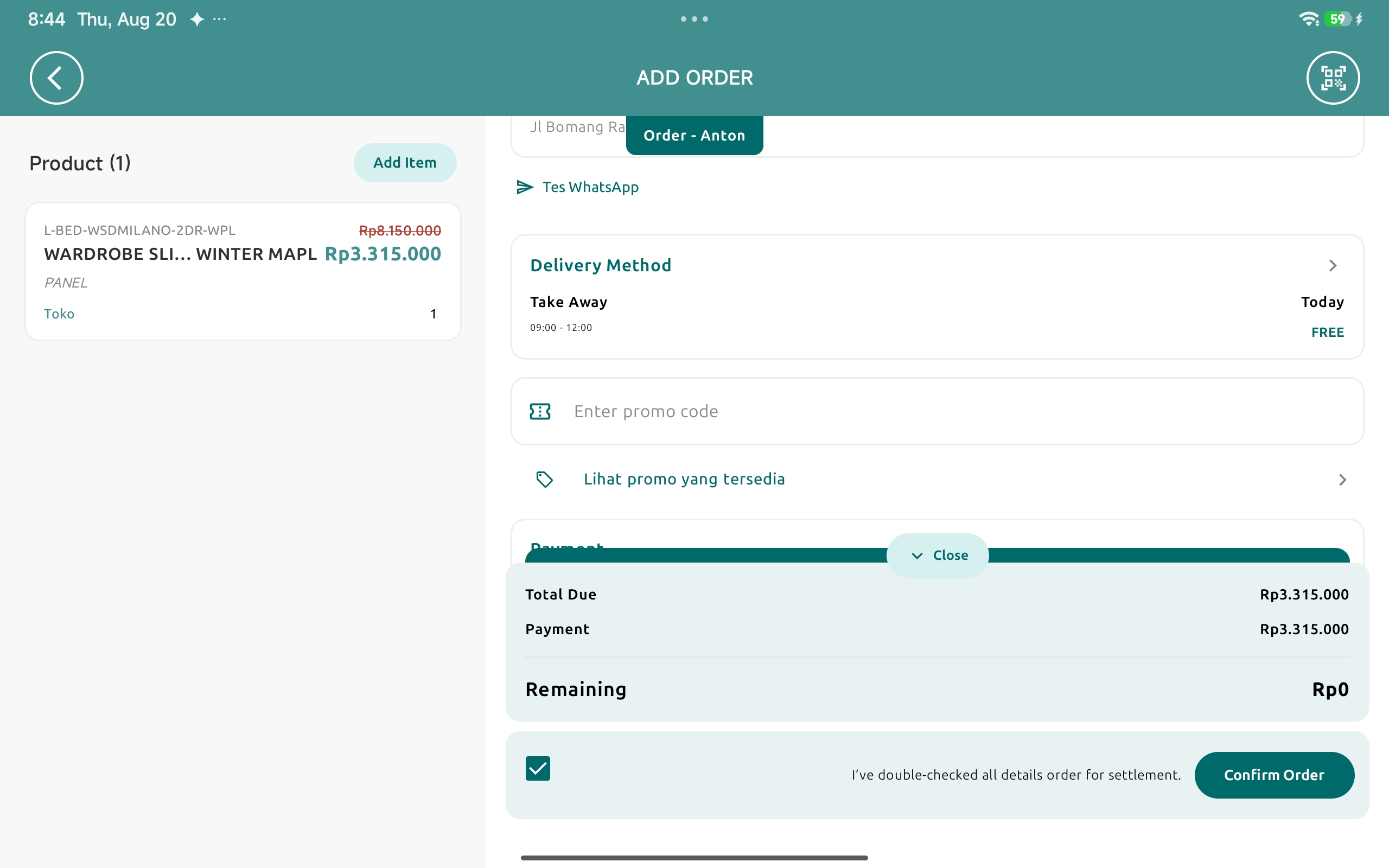 Form nota dengan chip nomor nota di atas