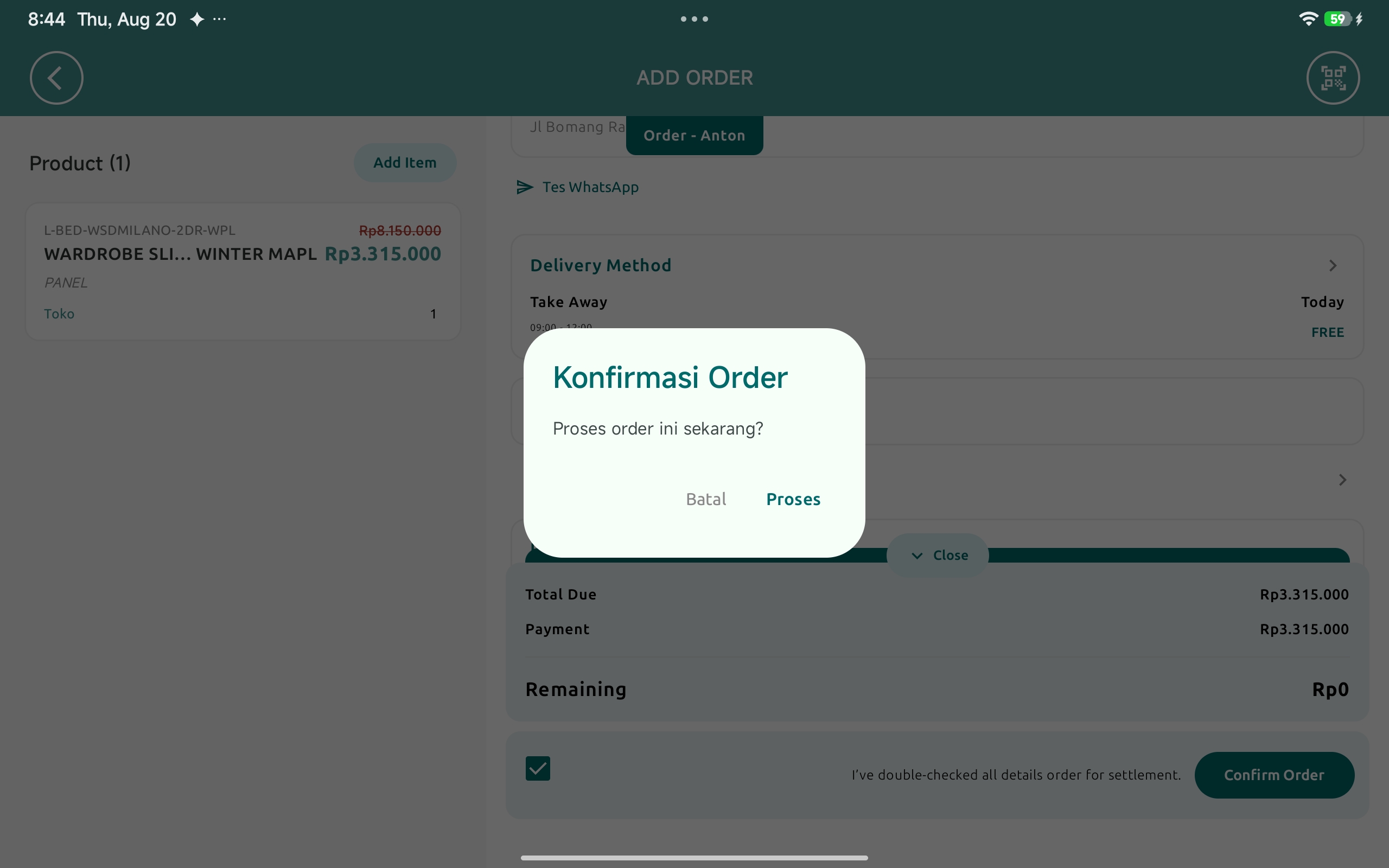 Konfirmasi sebelum order diproses