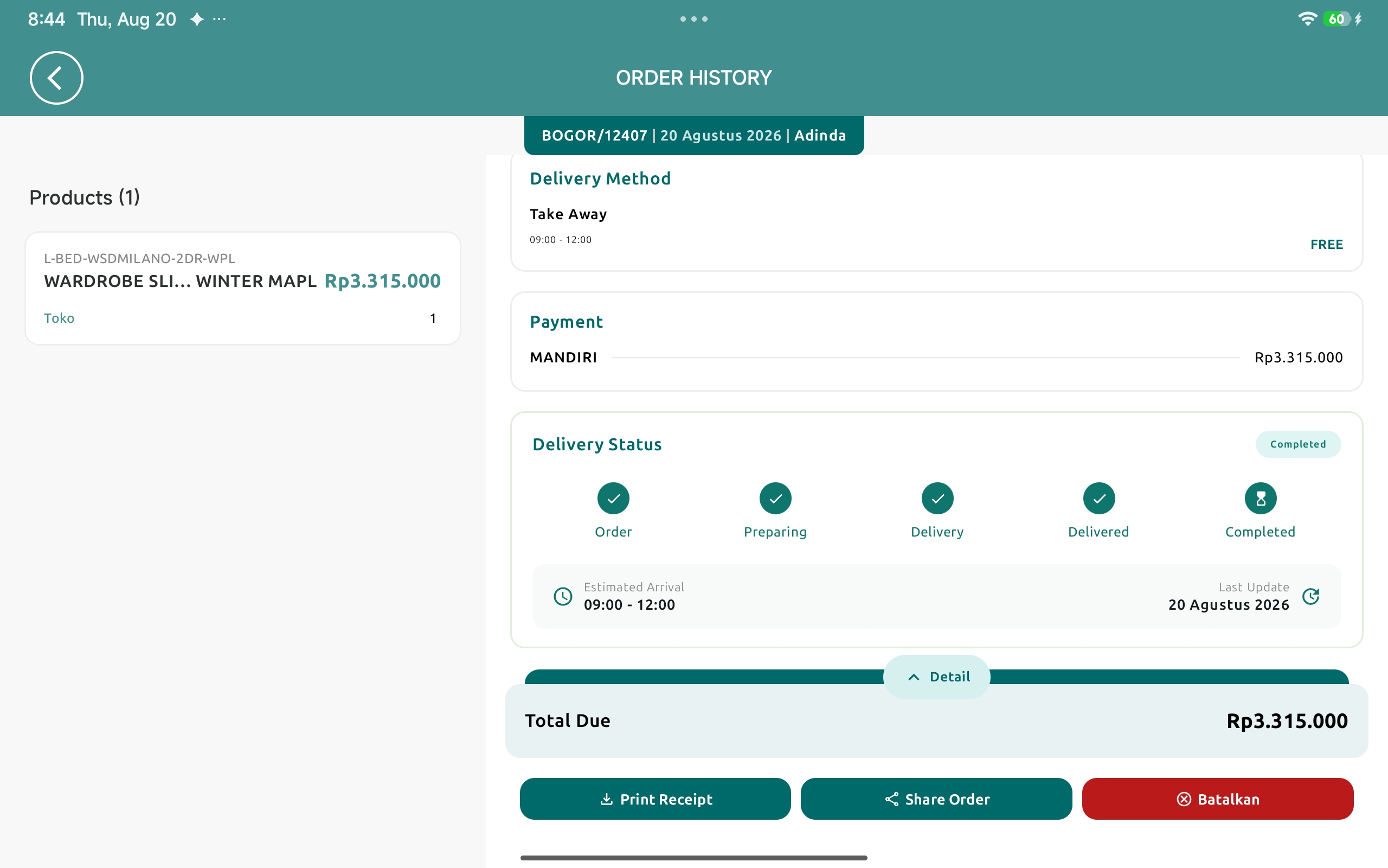 Kartu Delivery Status dengan garis waktu pengiriman