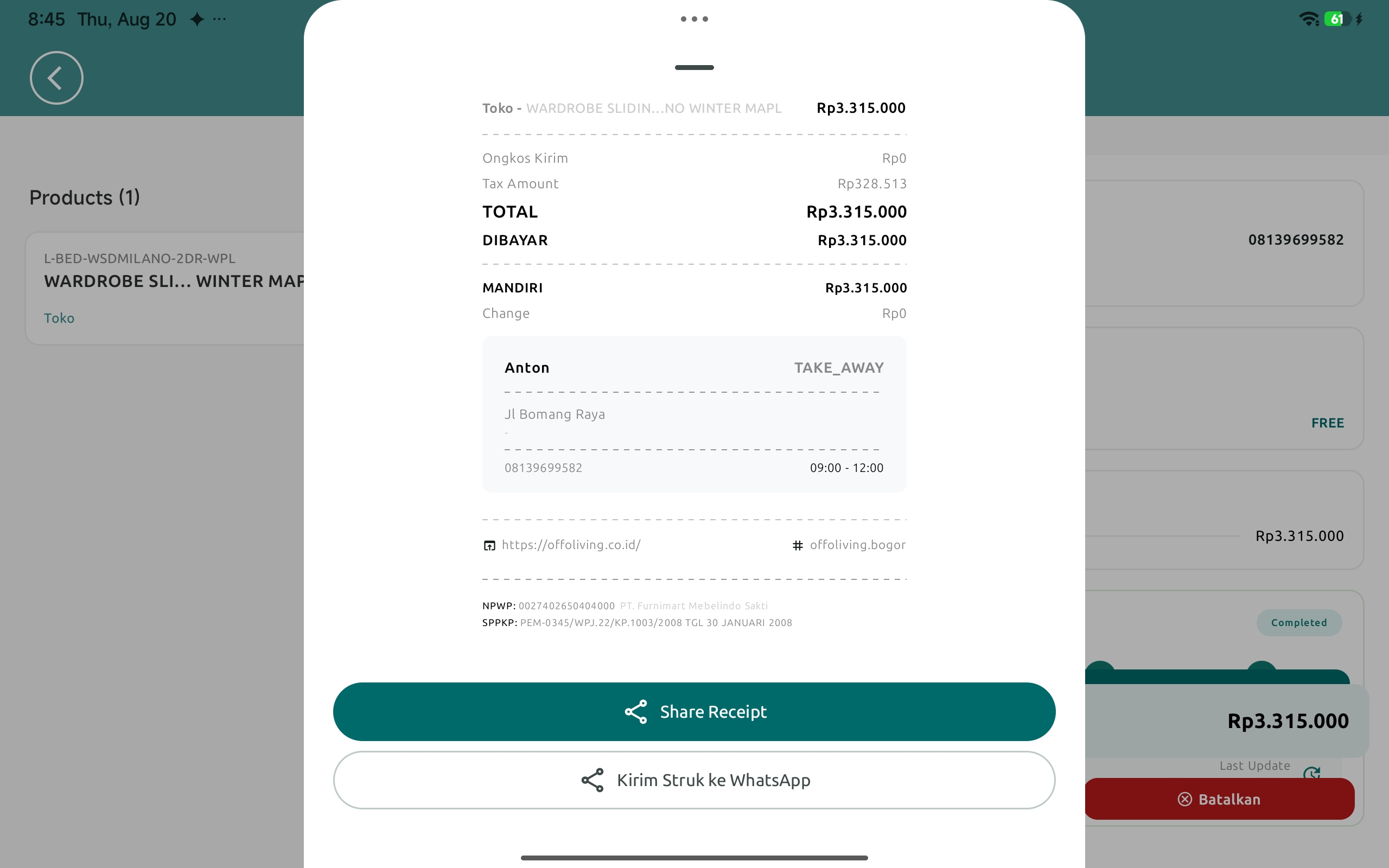 Lembar struk: cetak, share, dan kirim WhatsApp