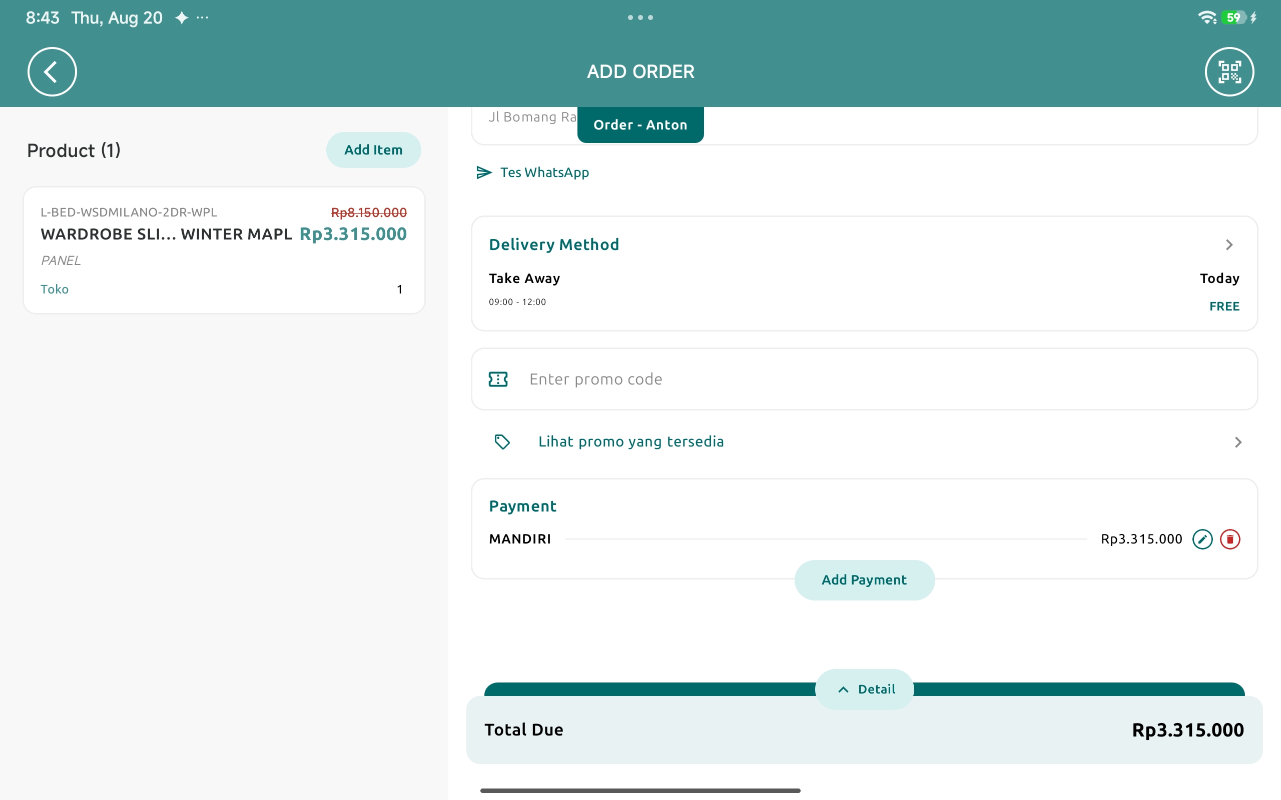 Pembayaran gabungan (split payment) dengan sisa tagihan
